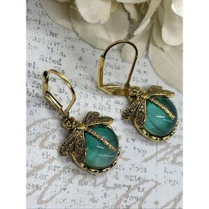 Gold plate Iridescent Dragonfly Wire Green Earrings Fall Gift Mom Birthday Wife